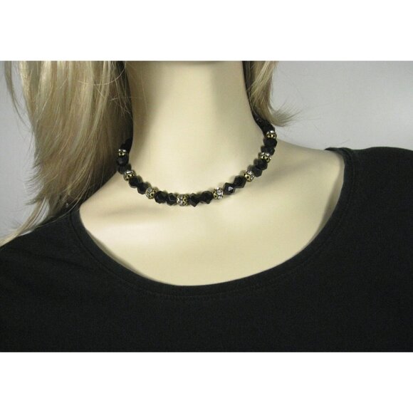 Necklace Plastic Faceted Beads Rhinestones 12 In Choker Goldtone Collar Vintage - Picture 2 of 9